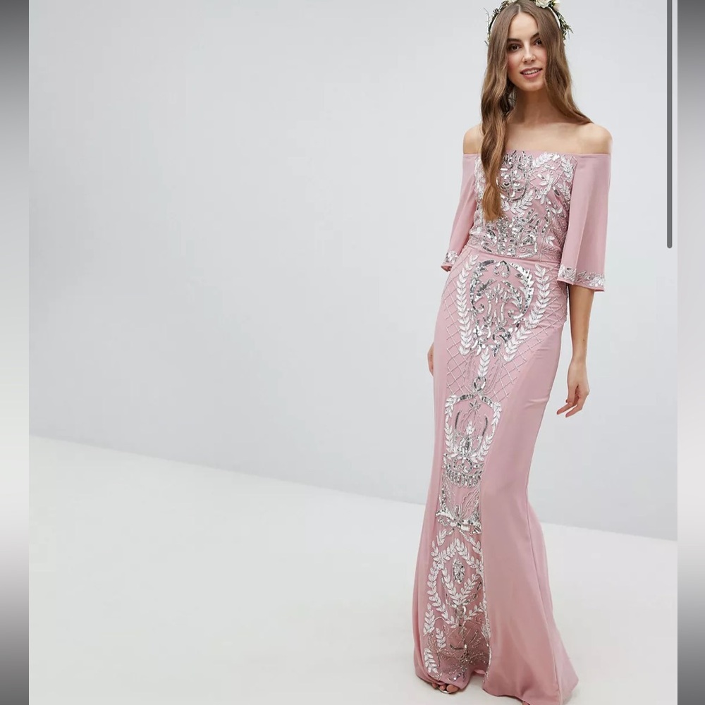 ASOS Embellished Bardot Maxi Dress With Fluted Sleeves